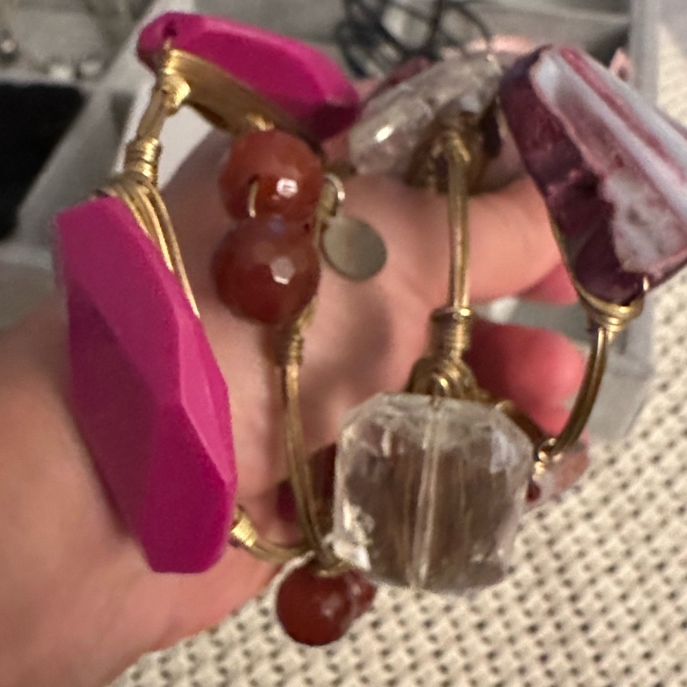 4 Pink and Gold Stone Bangle Bracelets mix of Bourbon & Bow tie